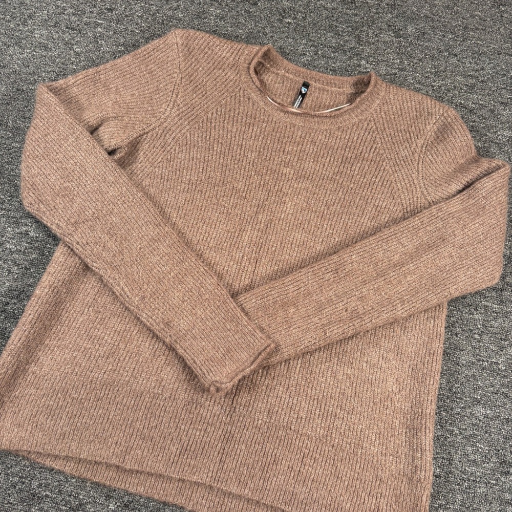 KUHL Ribbed Knit Sweater Women Large Brown Raglan Sleeve Crew Neck Pullover Wool